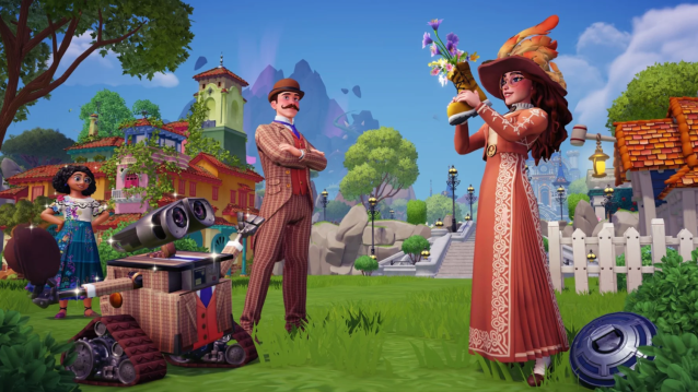 Wall-E, two players, and Mirabel standing around representing the new assets that come in the Wall-E bundle.