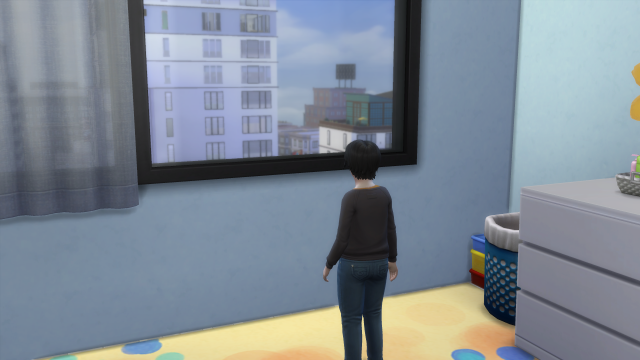 A sim looking out a window into the city of San Myshuno in The Sims 4.