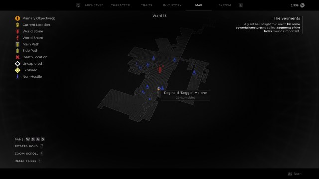 A screenshot of the Remnant 2 map showing the location of Reggie in the Ward 13 area.