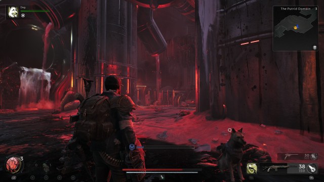 A character in Remnant 2 stands in an open boss battle area, with two pillars providing protection.