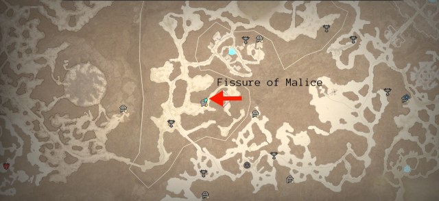A screenshot of the Diablo 4 map showing the Fissure of Malice with a red arrow.