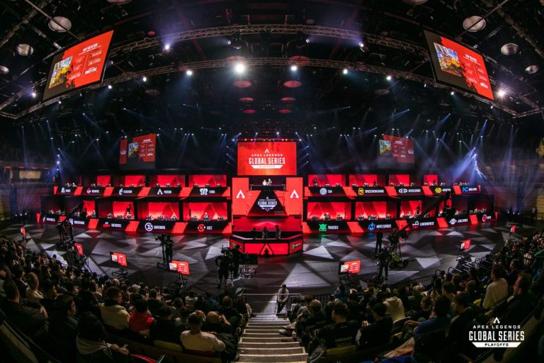 Wide shot of all 20 team setups at the ALGS Playoffs at the Copper Box Arena in London.