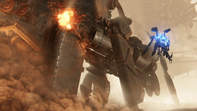 Armored Core 6 mech attacking a large mechanic creature