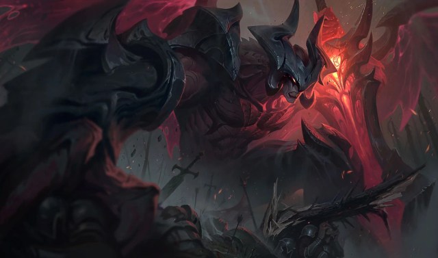 The World Ender Aatrox standing up from his knee, holding a sword in his left hand.