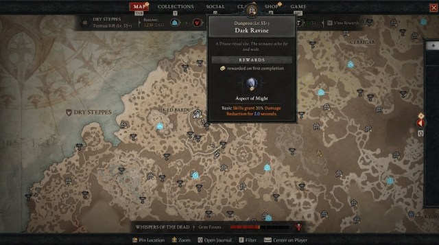 The Dark Ravine location on a map in Diablo