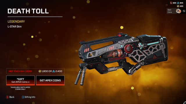 The Death Toll L-STAR skin, a white and grey mechanical-looking skin with red highlights and a glowing red barrel.