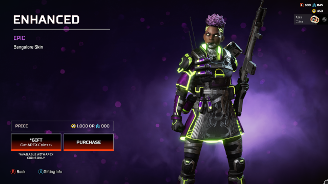 The Enhanced Bangalore skin, which gives Bangalore purple hair, a grey flak jacket, and neon yellow highlights and eyes. Her chin appears to be made of metal.