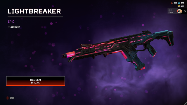 The Lightbreaker R-301 skin, which gives the assault rifle a dark blue-green base paint with glowing red and pink highlights along the barrel and stock.