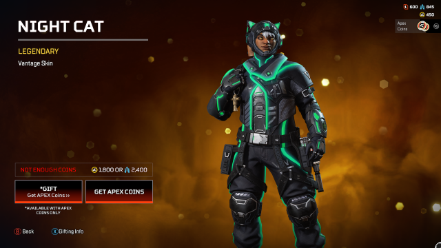 The Night Cat Vantage skin, a black skin with neon green highlights. Vantage's hood has glowing green cat ears.