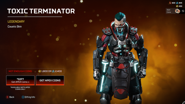 The Toxic Terminator Caustic skin, which gives half of Caustic's face a metallic skull-like shine. He has dark green hair and armor with red highlights.