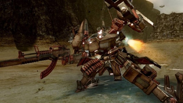 A mech dodging an attack on the ground, boosting in a different direction in Armored Core 5.