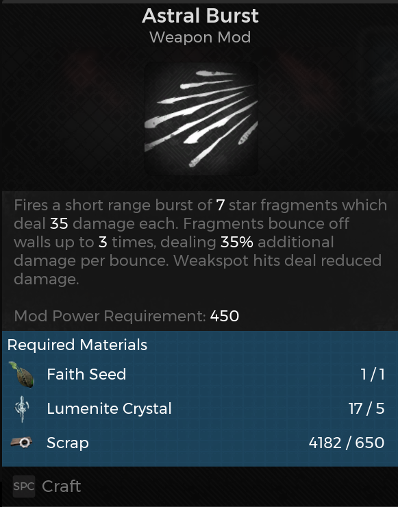 A screenshot of a weapon mod from Remnant 2 that shows the details of the Astral Burst mod.
