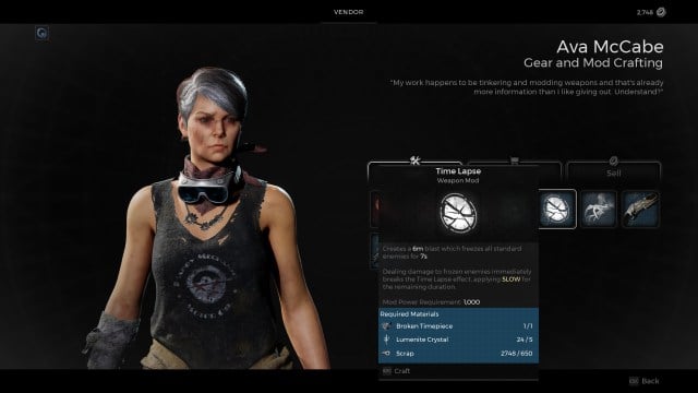 A screenshot of the Ava McCabe crafting menu showing the Time Lapse Weapon Mod requirements.