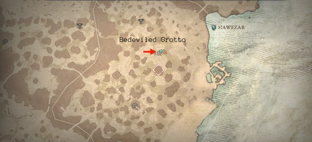 A screenshot of the Diablo 4 map showing the Bedeviled Grotto location with a red arror.