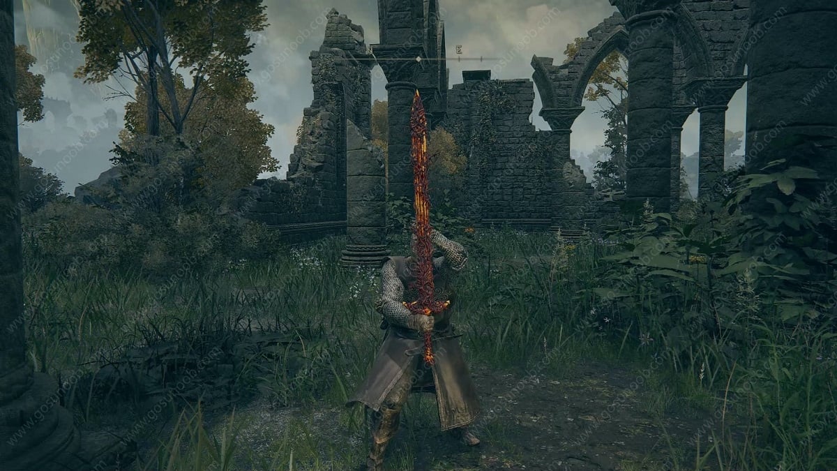 An image of the player character holding up the Blasphemous Blade in Elden Ring.