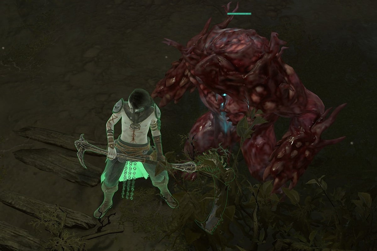 An image of the Necromancer standing by his Blood Golem in Diablo 4.