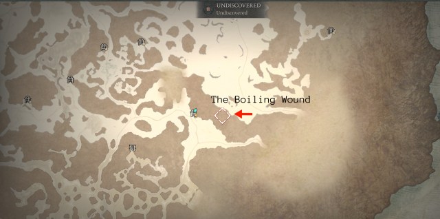 A screenshot of the map in Diablo 4 showing the Boiling Wound with a red arrow.