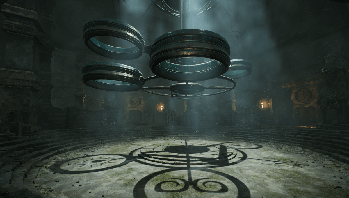 A device with multiple circular structures hangs from the ceiling of n abandoned temple. On the ground beneath it are shadows of symbols and circles.