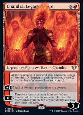 Image of Chandra surrounded by planeswalkers in flames through Chandra Legacy of Fire CMM Planeswalker Party Precon card