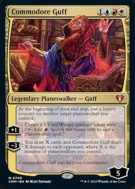 Image of planeswalker Guff casting spells through Commodore Guff face commander for Commander Masters Planeswalker Party Precon deck