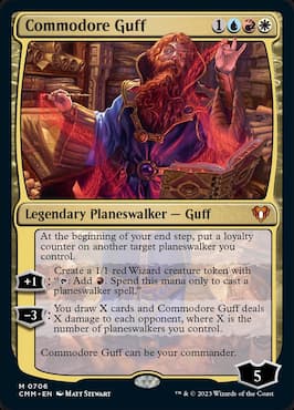 Image of planeswalker Guff casting spells through Commodore Guff face commander for Commander Masters Planeswalker Party Precon deck