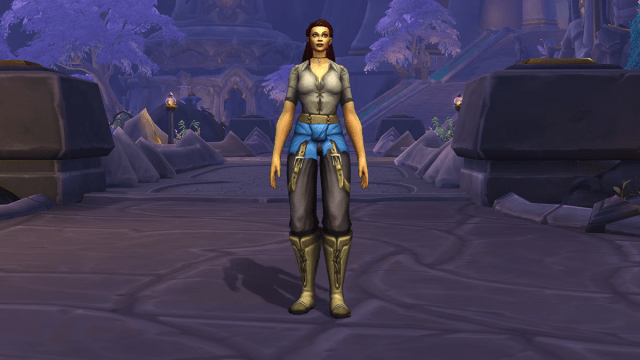 Human standing in Valdrakken and wearing Dashing Buccaneer’s Slops transmog set