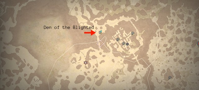 A screenshot of the Diablo 4 map marking the location of the Den of the Blighted with a red arrow.