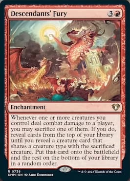 Images of dragons destroying village through Descendants' Fury in MTG Commander Masters Sliver Swarm Precon deck