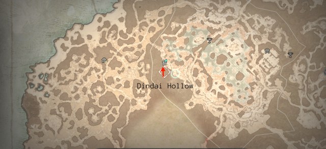 A screenshot of the Diablo 4 map marking the location of Dindai Hollow with a red arrow.