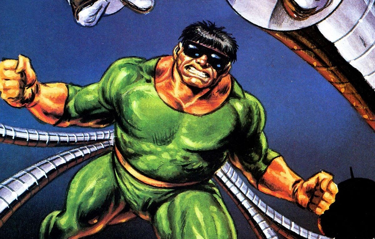 A comic image of Doctor Octopus with his metal arms extending from his back.