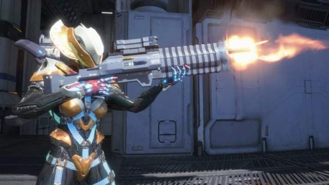 The Vigilant Alpha Variant firing a weapon at off-screen enemies.