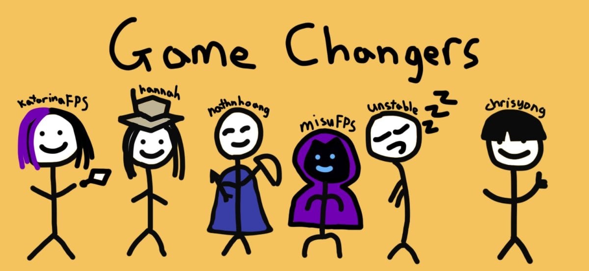 Disguised Game Changers roster graphic of stick figures of the players from left to right: katarinaFPS, hannah, nathnhoang, misuFPS, unstable, and coach chrisyong