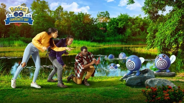 Players interacting with Poliwag in Pokemon Go.