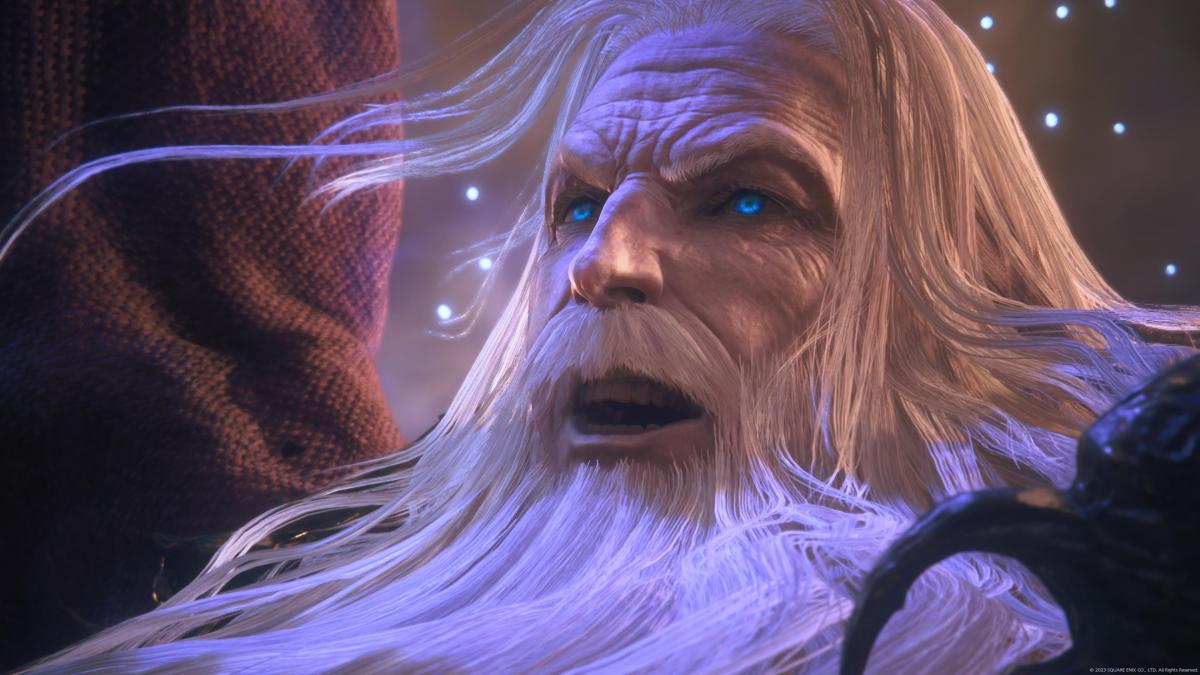 Final fantasy 16 Ramuh, a bearded old man with blue eyes, close up