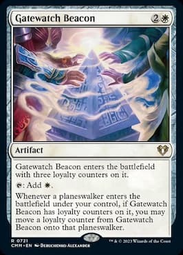 Image of planeswalkers touching a beacon through Gatewatch Beacon CMM Planeswalker Party Precon card