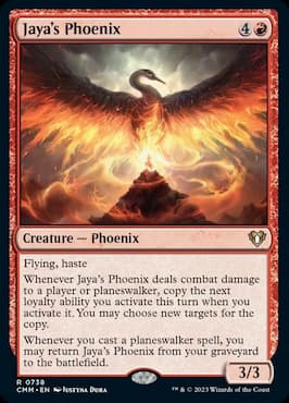 Image of Phoenix atop mountain through Jaya's Phoenix Commander Masters Planeswalker Party Precon deck card