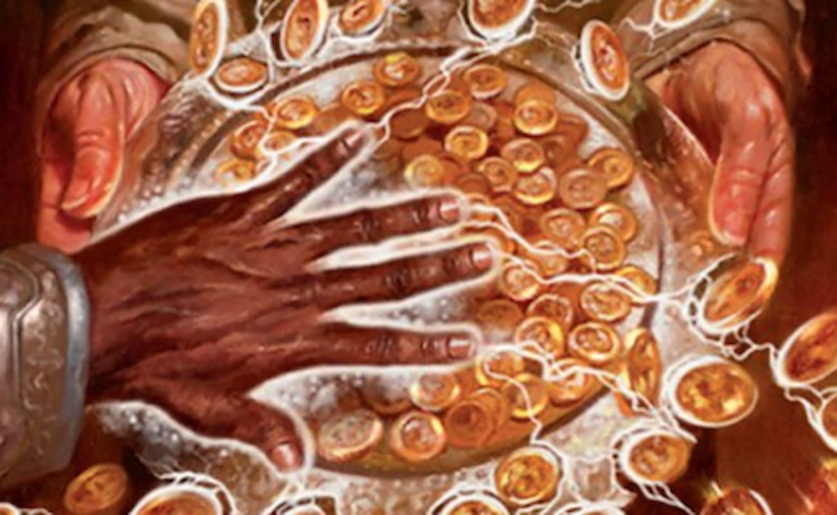 Image of hand over coins, from Smothering Tithe MTG card in Commander Masters set