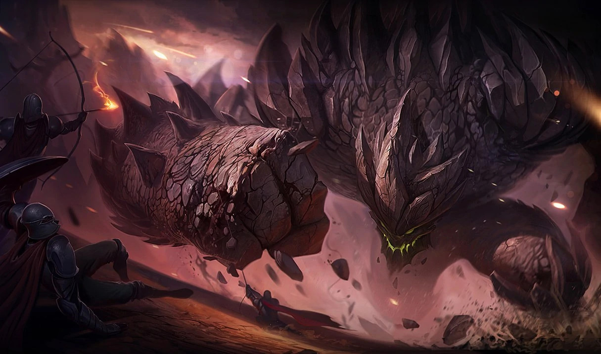 Malphite charging forward with his right fist tightened.