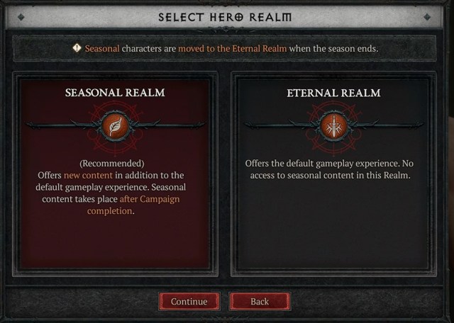 The window in Diablo 4 showing the two options when selecting a realm after character creation.