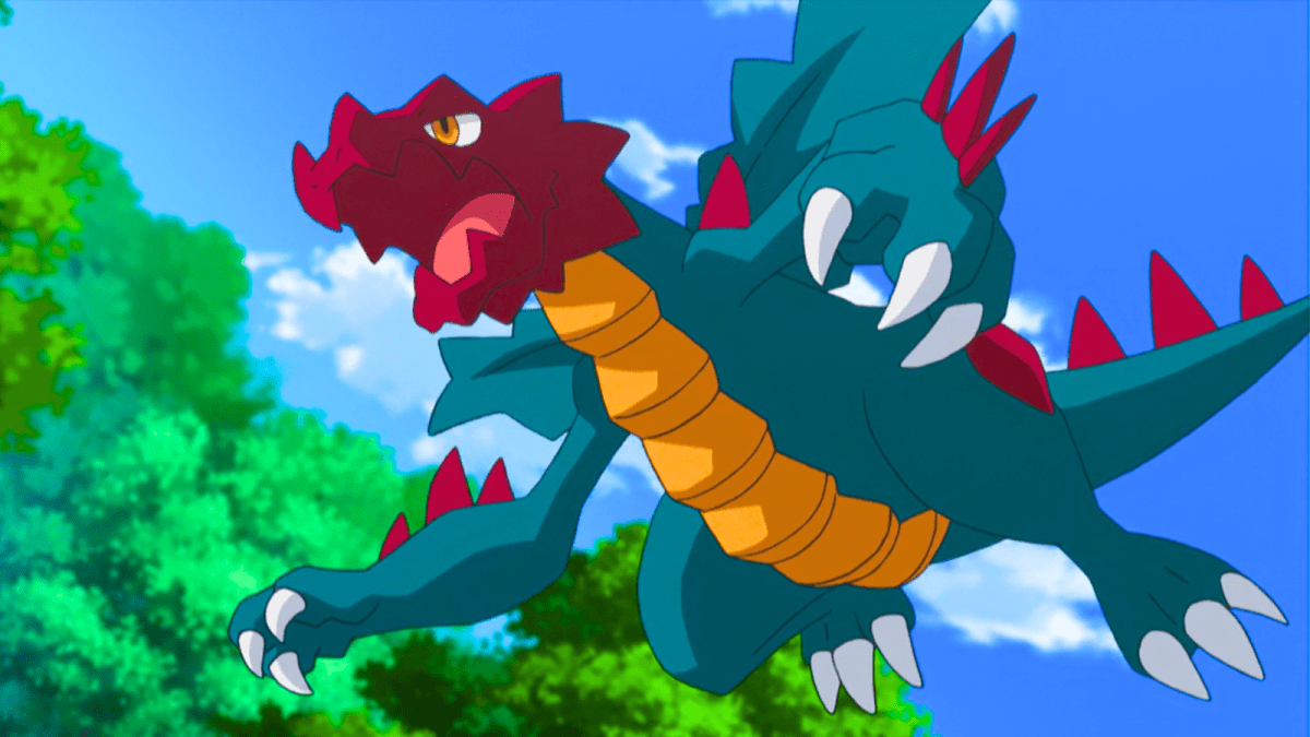 Druddigon flying through the air in the Pokémon anime.