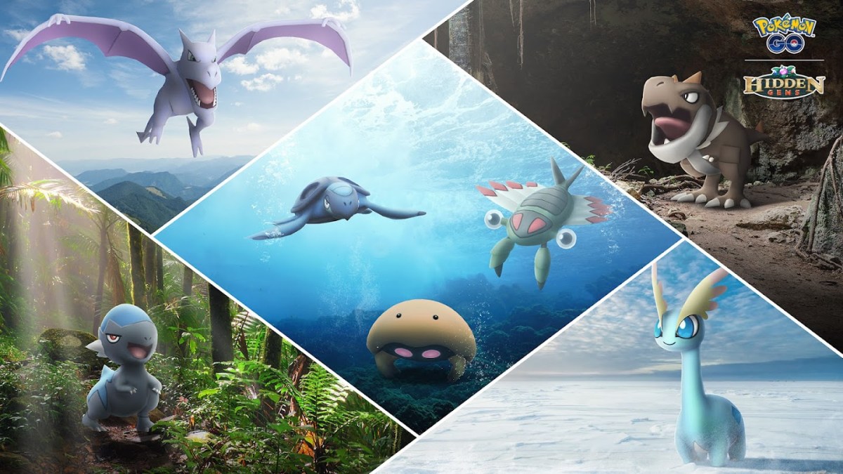 An image showcasing (from top left to botttom right) Aerodactyl, Tirtouga, Anortih, Tyrunt, Cranidos, Kabuto, and Amaura.