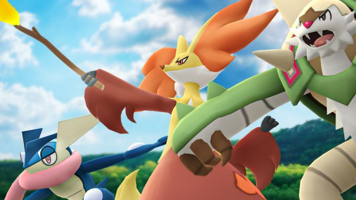 Greninja, Delphox, and Chesnaught side by side in a Pokémon Go image.