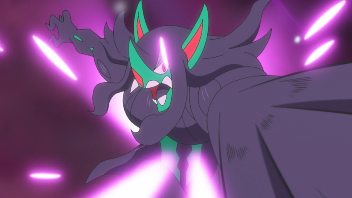 Grimmsnarl glowing with pink energy in the Pokémon anime.