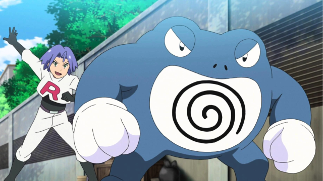 James sending Poliwrath into battle in the Pokémon anime.