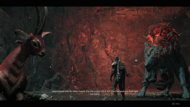 A screenshot from Dot Esports showing the player character in between the Doe, a giant, gazelle-like creature, and the Ravager, a wolf with many red eyes and a glowing bulbous growth on its back.