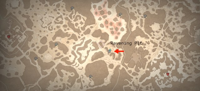 A screenshot of the Diablo 4 map marking the Ravening Pit location with a red arrow.