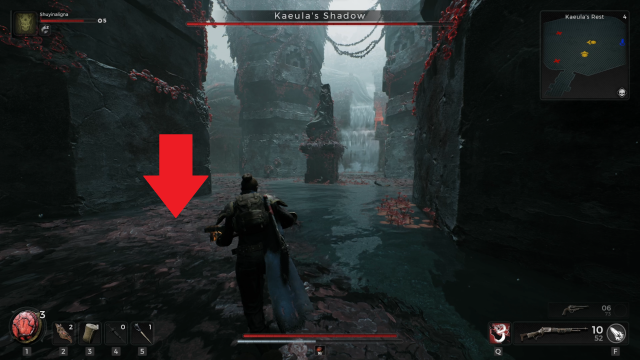 A red arrow points to a red leaf-filled path in a chamber full of water. Several stone columns are scattered around the chamber as the player character runs towards the left side of the screen.