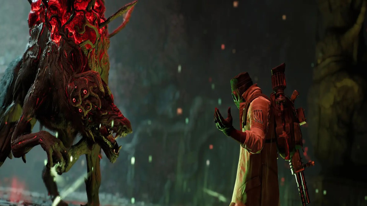 A character in Remnant 2 faces off against a monster with a glowing red back.