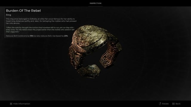 A screenshot of the Inspect screen of the Burden of the Rebel ring in Remnant 2.