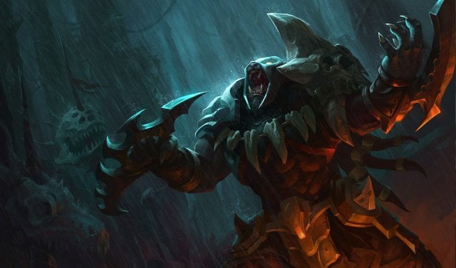 Rengar, wielding a bonesaw, strikes in the darkness in League of Legends